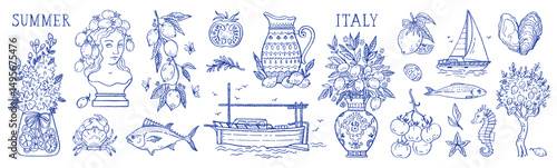 Summer Italian lemon. Doodle Italy hand drawn beach watercolor. Mediterranean Amalfi vacation. Sea icon, sketch vector vintage illustration. Italian food wine lemon summer style. Coast Italy sea beach