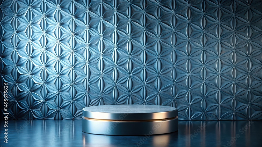 Sleek metallic platform against a textured blue wall backdrop, ideal for product display or presentation showcasing elegance and modern design