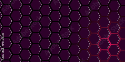 Dark gray and blue technology hexagonal vector background. Abstract blue bright energy flashes under hexagon in dark hi-tech futuristic modern vector background. Gray gaming honeycomb texture grid.