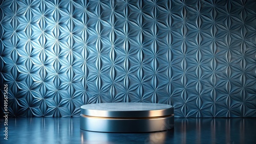 Obraz na płótnie Sleek metallic platform against a textured blue wall backdrop, ideal for product display or presentation showcasing elegance and modern design w salonie