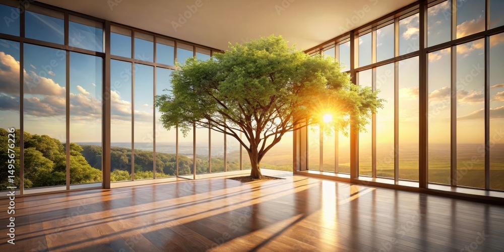 Serene indoor sanctuary with a majestic tree, bathed in the golden hues of a sunset, viewed through expansive windows showcasing a breathtaking panoramic landscape