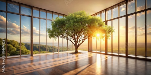 Obraz na płótnie Serene indoor sanctuary with a majestic tree, bathed in the golden hues of a sunset, viewed through expansive windows showcasing a breathtaking panoramic landscape w salonie