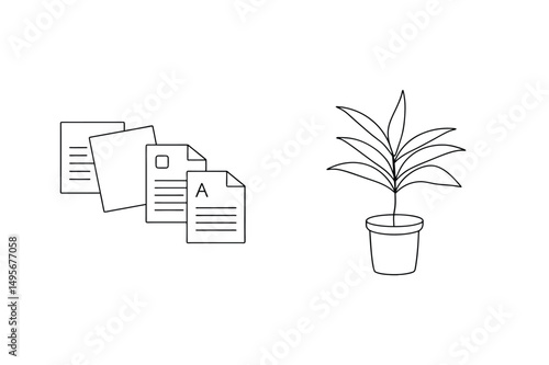 Simple line art illustration depicting documents, office supplies, and potted houseplant