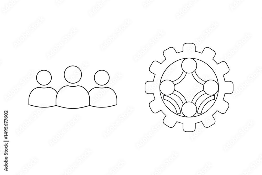 Teamwork and collaboration concept represented by group of people and gear system icon Teamwork and collaboration concept represented by group of people and gear system icon