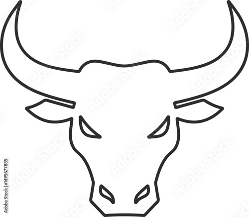 Minimalistic bull head icon with big horns, ears and stern eyes, bull icon with splayed nostrils, black line.