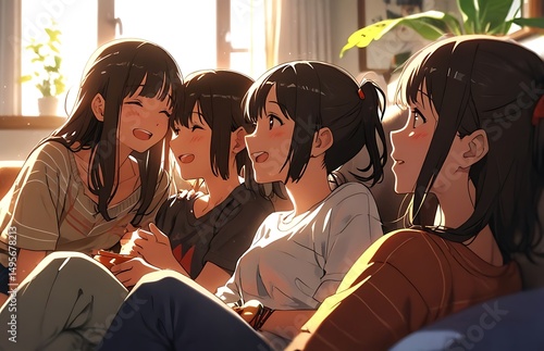 Anime girls friends relaxing together at home on the sofa, casual portrait