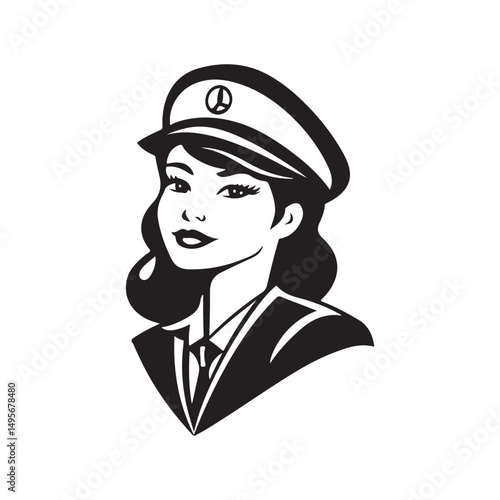 A stylish female captain in a vintage illustration, exuding confidence and charm.