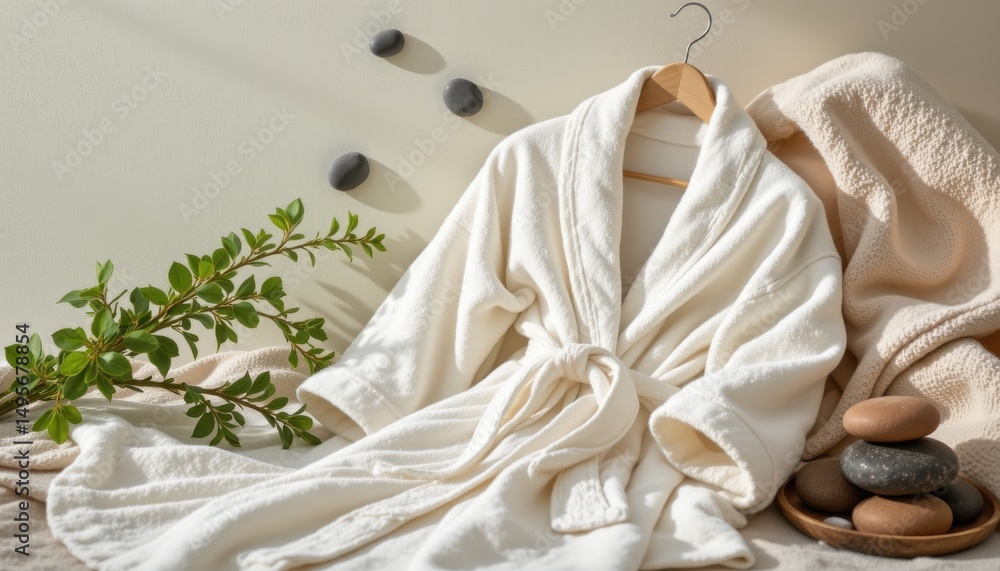 charming cotton bathrobe in a cozy scene with spa stones and eucalyptus, soft textures, pastel hues, warm lighting, inviting ad composition, high resolution charming cotton bathrobe in a cozy scene with spa stones and eucalyptus, soft textures, pastel hues, warm lighting, inviting ad composition, high resolution