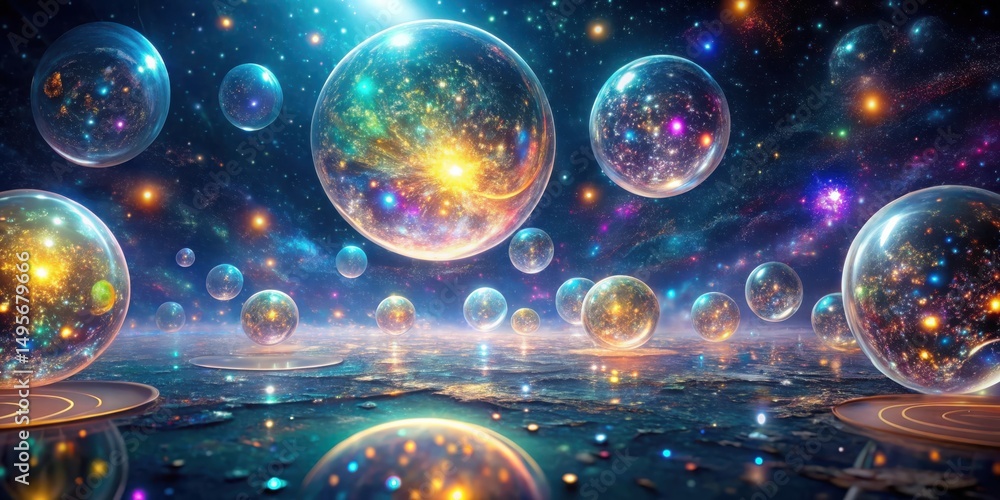 A cosmic ocean of swirling nebulae and celestial spheres reflecting the infinite beauty of the universe