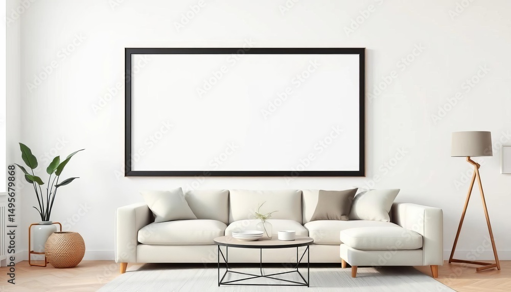 Empty picture frame mockup on white wall, minimalist Scandinavian living room with sofa, home, modern interior Empty picture frame mockup on white wall, minimalist Scandinavian living room with sofa, home, modern interior