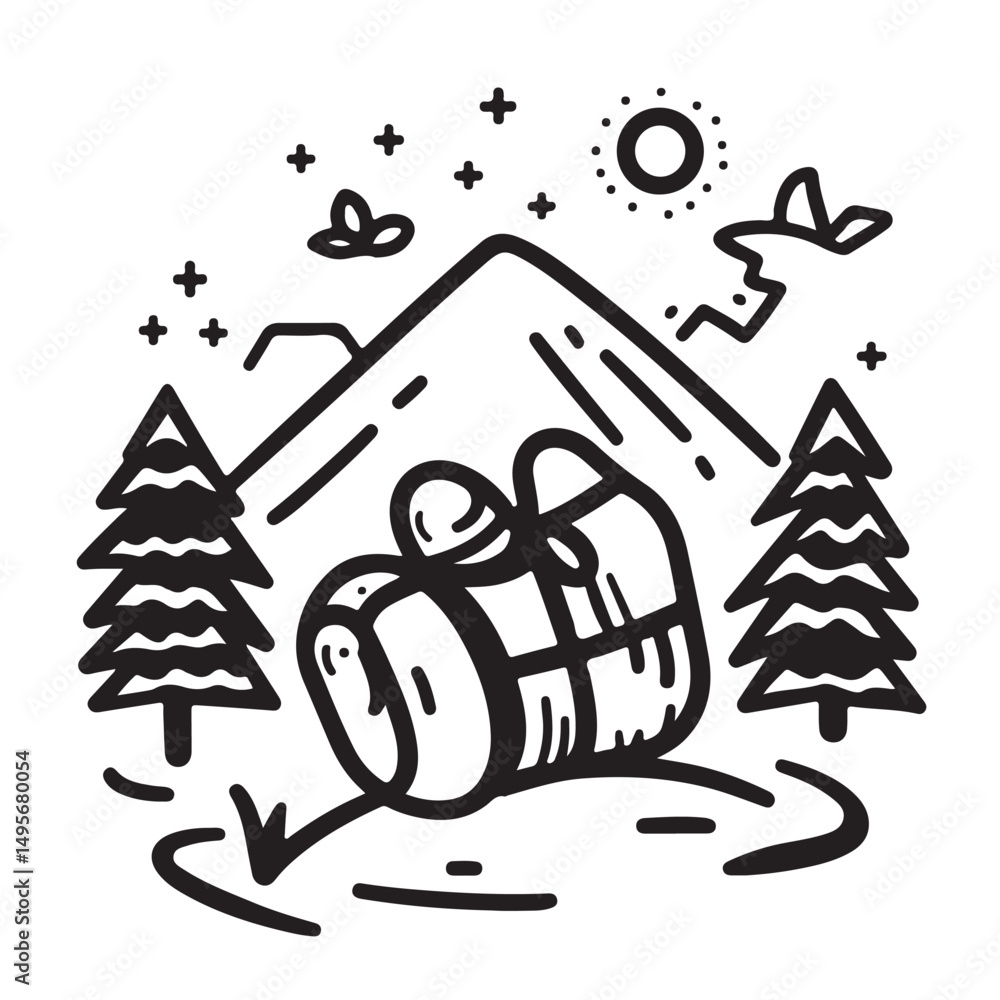 Fototapeta premium A whimsical black and white illustration of a bundled backpack resting in a mountain landscape.