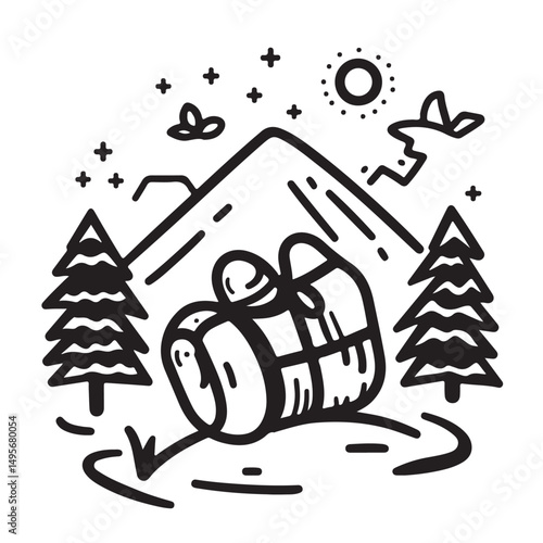 A whimsical black and white illustration of a bundled backpack resting in a mountain landscape.