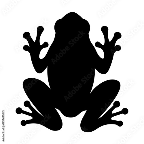 A stark black silhouette of a tree frog against a white backdrop