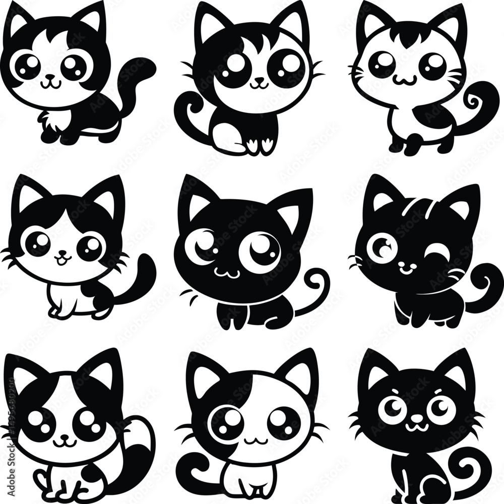Nine cute cartoon kittens are sitting and looking forward in a format Nine cute cartoon kittens are sitting and looking forward in a format