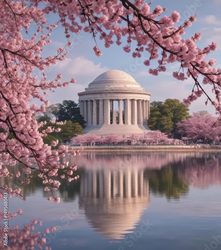 Pink cherry blossoms frame Jefferson Memorial, pink, tidal basin