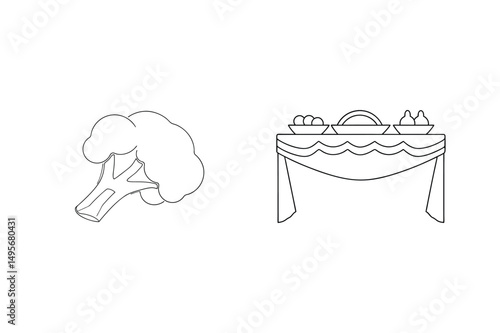Black and white vector illustration of broccoli and a table with various food items