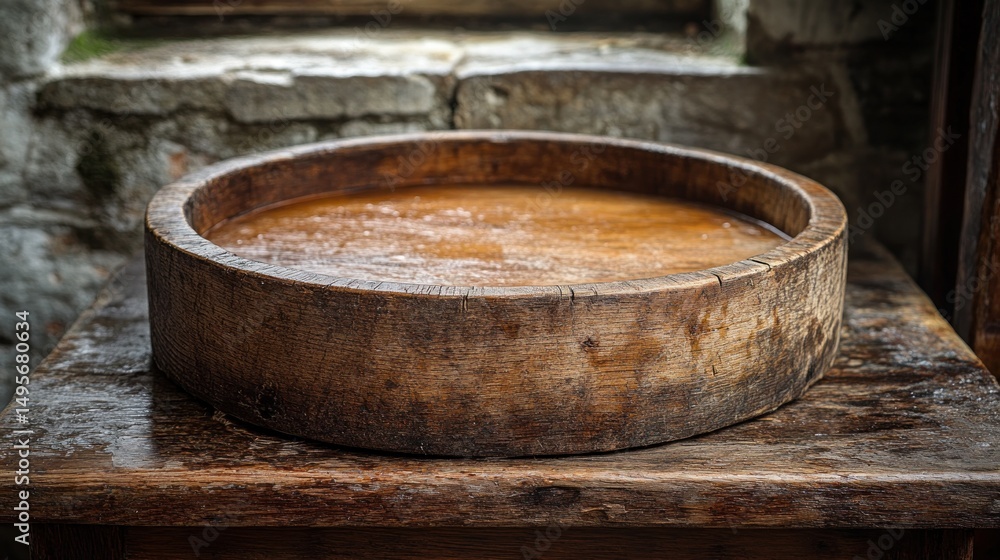 Antique rustic wooden bowl on dark wood surface. Antique rustic wooden bowl on dark wood surface.