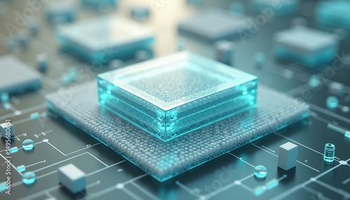 Wallpaper Mural A detailed processor module sits on a circuit board, casting a cool aqua glow over electronic pathways. Torontodigital.ca