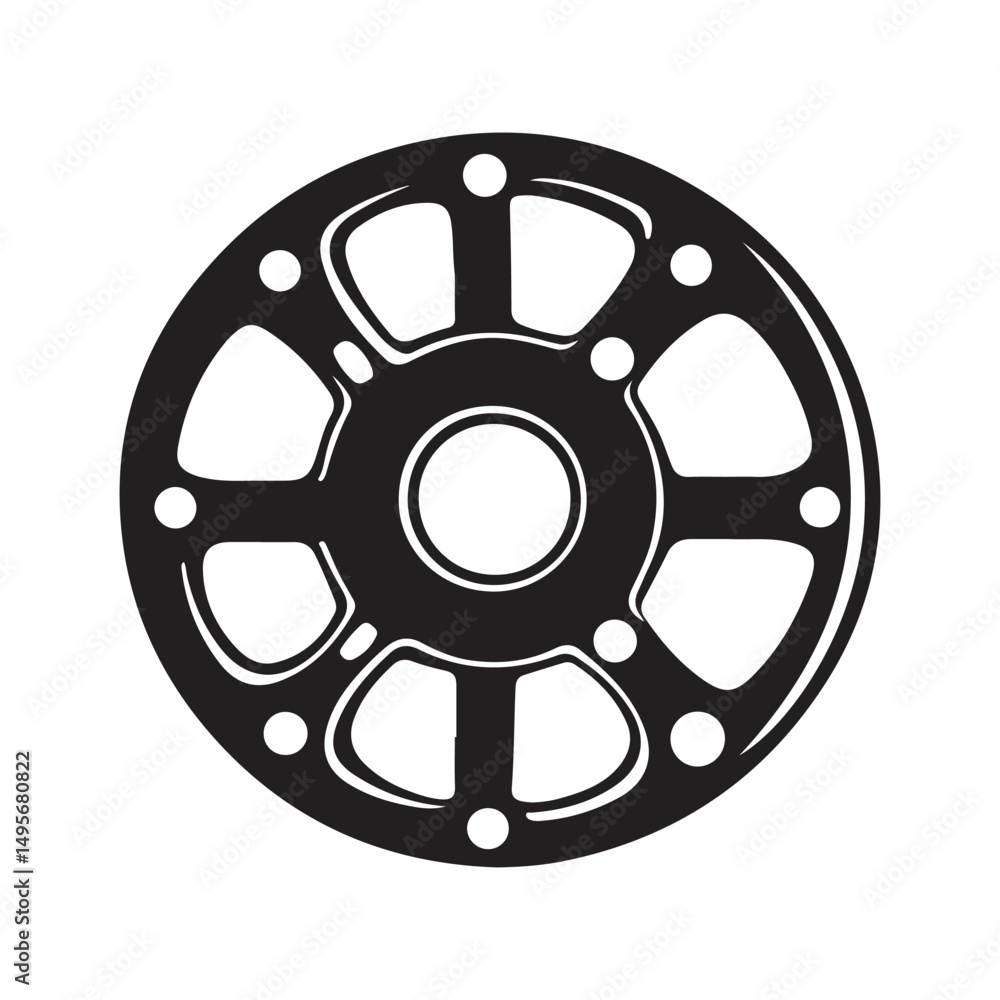 Obraz premium A black and white illustration of a circular mechanical part with spokes.
