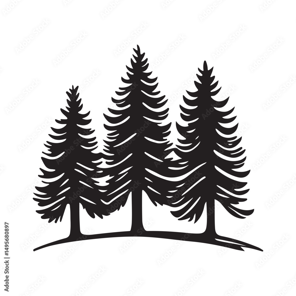 Fototapeta premium A simple black illustration of three pine trees on a hill.