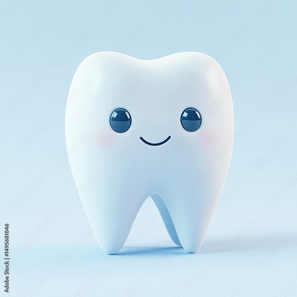 Cute cartoon tooth with a happy expression. A light-blue tooth figurine smiles with large dark eyes and rosy cheeks. It stands against a pale-blue backdrop Cute cartoon tooth with a happy expression. A light-blue tooth figurine smiles with large dark eyes and rosy cheeks. It stands against a pale-blue backdrop