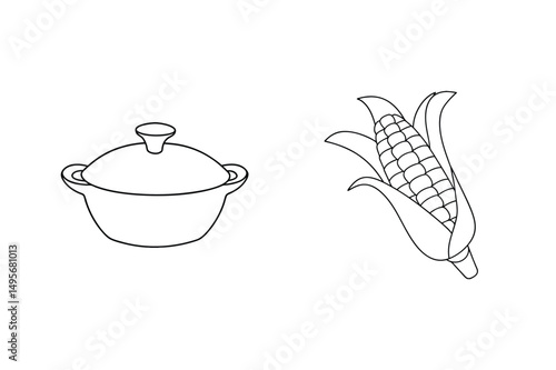 Simple outline drawing of a covered cooking pot and an ear of fresh corn on the cob