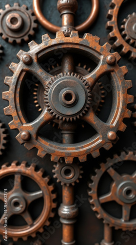 Generative AI Rusty Steampunk Gears Close-Up Cogwheel Metal Machine Mechanical Pipes Industrial Vintage Texture Background Mechanism Technology Engineering Innovation - Download Now