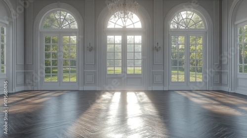 Sunlit grand room with French doors and hardwood floor.