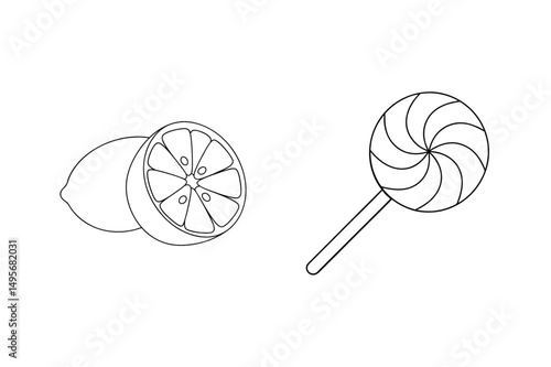 Outline drawing of lemon and lollipop illustrating contrasting sweet and sour concepts