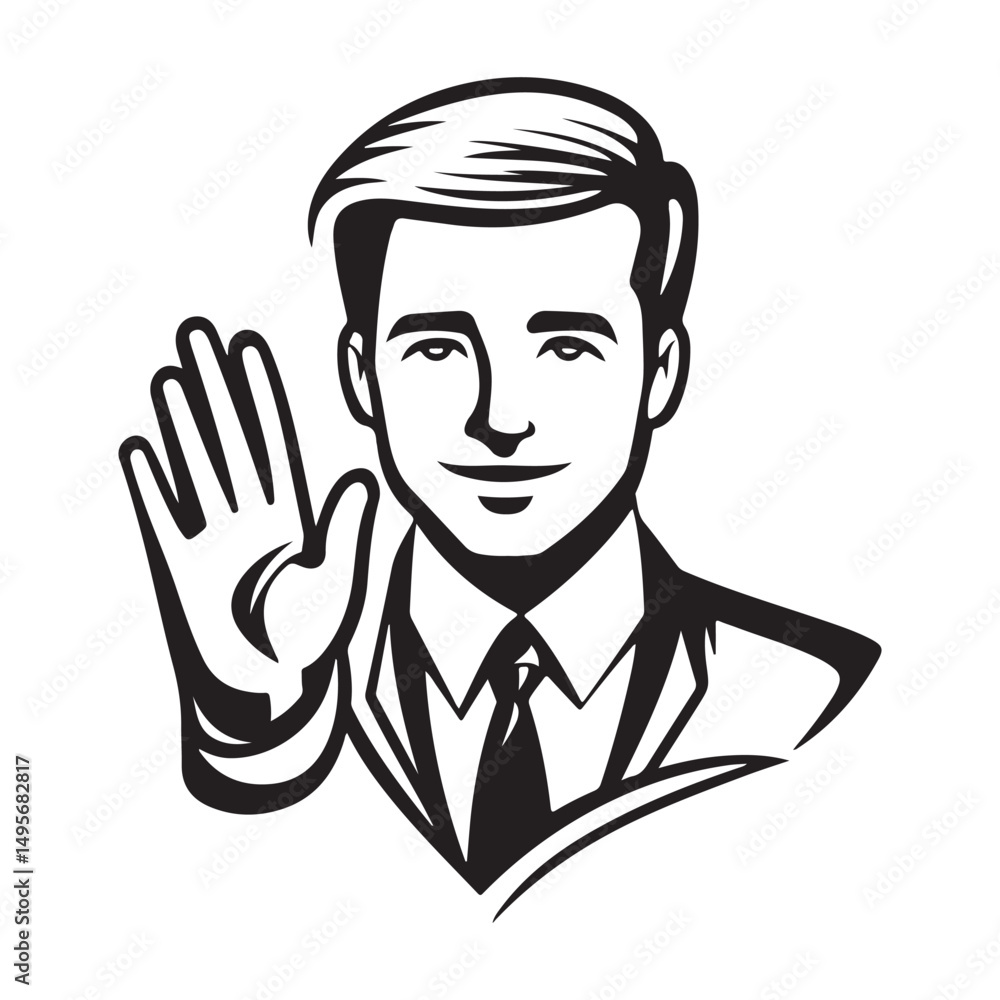 A man in a suit waving, illustrated in a black and white style. A man in a suit waving, illustrated in a black and white style.