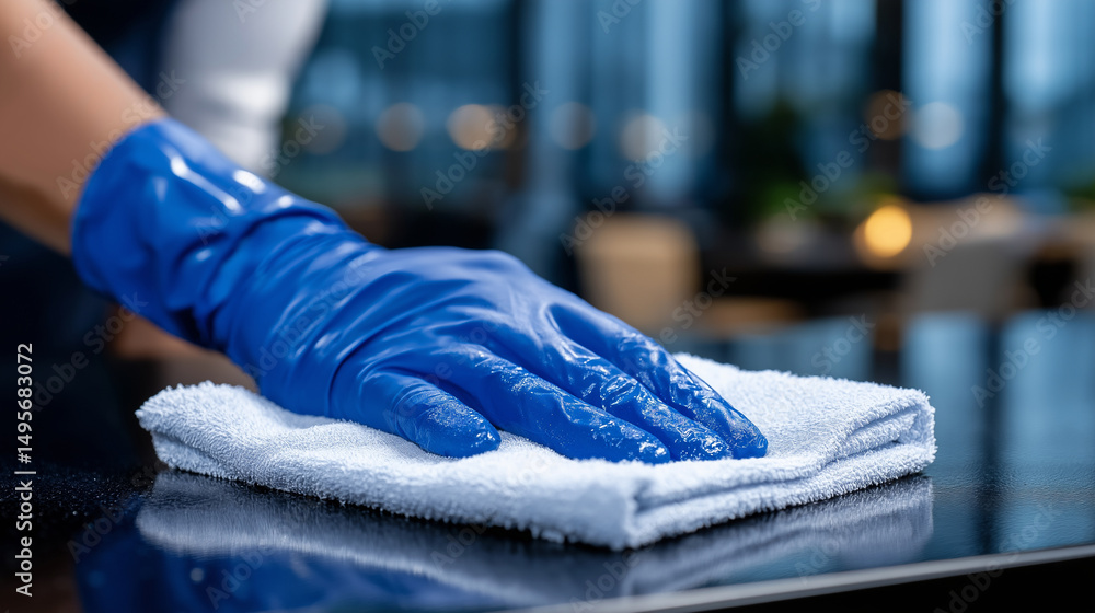 custom made wallpaper toronto digitalMacro shot of blue-gloved hands running a microfiber cloth along the edge of a conference table, capturing texture of the cloth and shine on the surface, symbolizing professional c