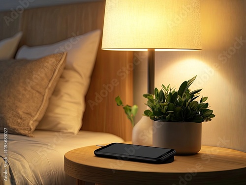 Mobile Phone on Nightstand Near Bed with Lamp & Green Plant in Dimly Lit Room
