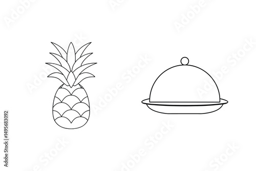 Black and white illustration of a pineapple and covered serving dish on white background
