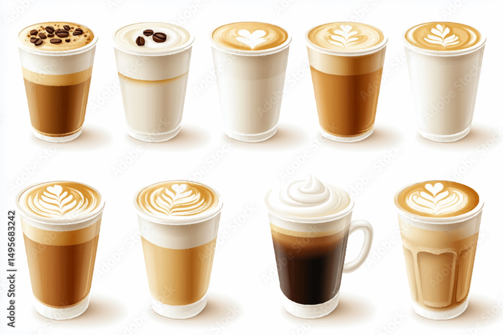 Premium coffee collection featuring various artisanal drinks with elegant latte art and cream designs Premium coffee collection featuring various artisanal drinks with elegant latte art and cream designs