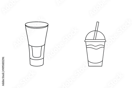Vector illustration of cocktail glass and smoothie cup with straw in minimalist outline style