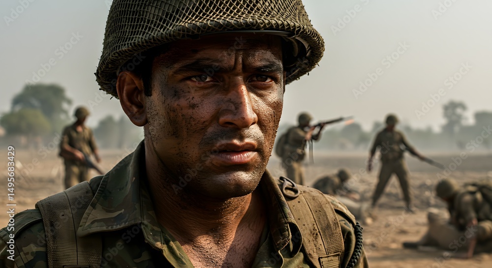 Fototapeta premium Grizzled Soldier in Combat A Powerful Image of War's Brutality and Human Resilience