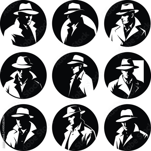 Nine stylized noir detective faces wearing fedoras displayed inside of circular shapes appear ominous and mysterious