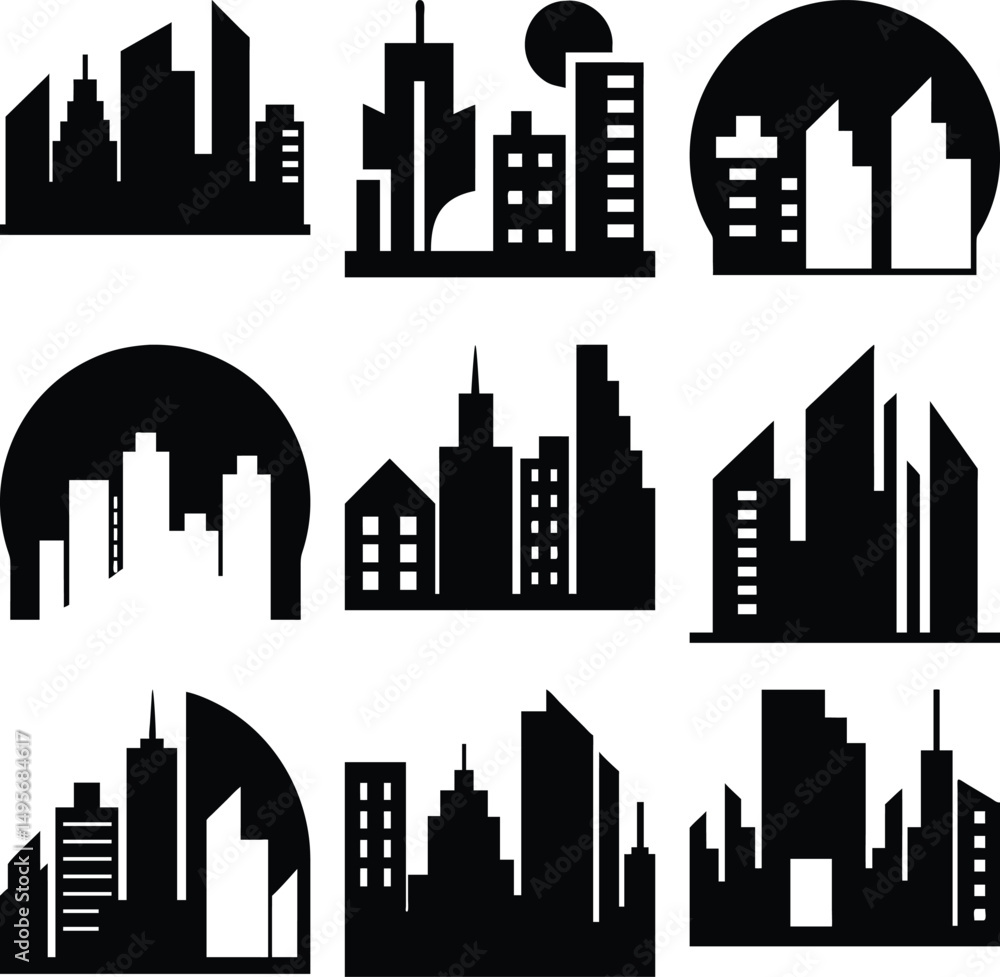 Fototapeta premium Nine varied black city silhouette icons present different urban skyline views under various conditions