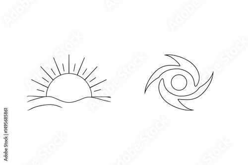 Sun and hurricane outlines minimalist illustrations contrasting calm weather with destructive forces