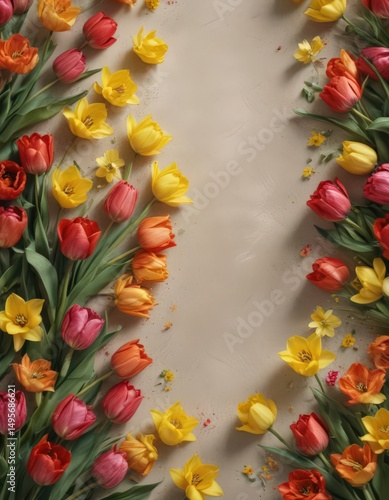 Vibrant tulips & daffodils burst forth on textured paper  , yellow, springtime, design