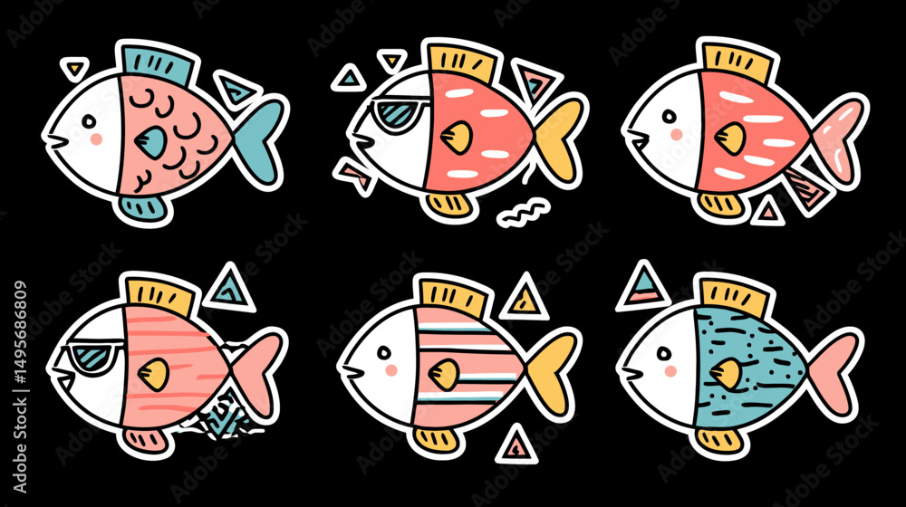 Playful cartoon fish collection with trendy split-color design. Perfect for children's content, summer promotions, educational materials, marine-themed branding, or app assets Playful cartoon fish collection with trendy split-color design. Perfect for children's content, summer promotions, educational materials, marine-themed branding, or app assets