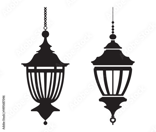 Old-fashioned oil lamp icon silhouette. Vintage hanging lantern silhouette vector.