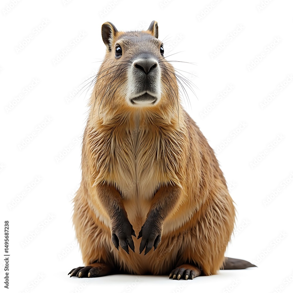 Fototapeta premium Capybara Sitting Upright Looking Forward on White Background