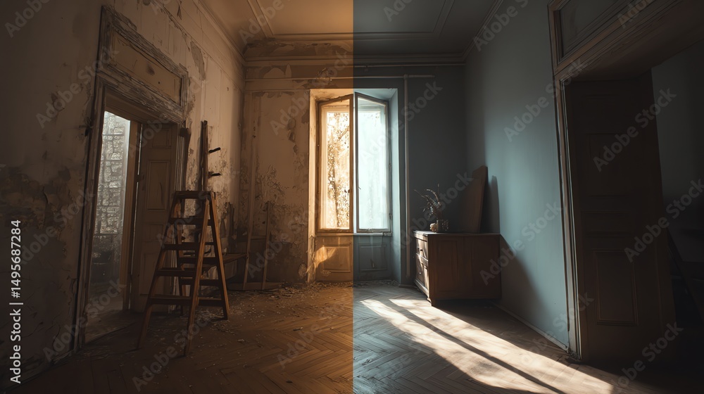 Obraz premium A room split in half shows a dramatic renovation: one side old and worn, the other freshly renovated with clean walls and modern decor