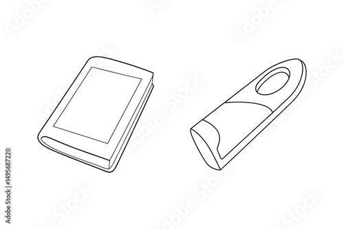 Simple book and usb flash drive outline in black and white isolated on white background