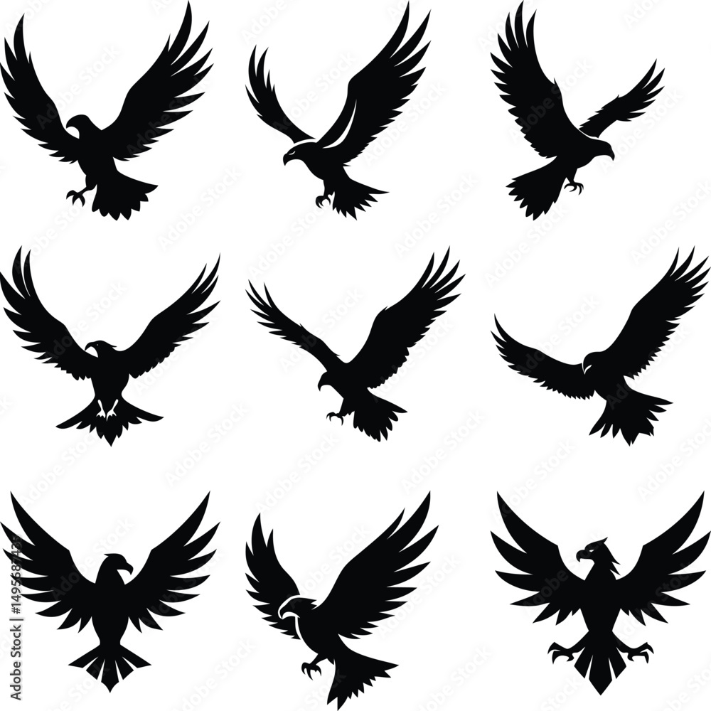 Fototapeta premium Silhouetted eagle soars majestically in various poses against a bright white backdrop capturing freedom