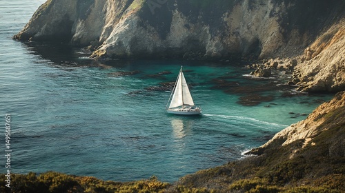 Sailboat in secluded cove, dramatic cliffs, turquoise water.