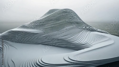 Ethereal terrain sculpture layered mountain form blends into a misty landscape