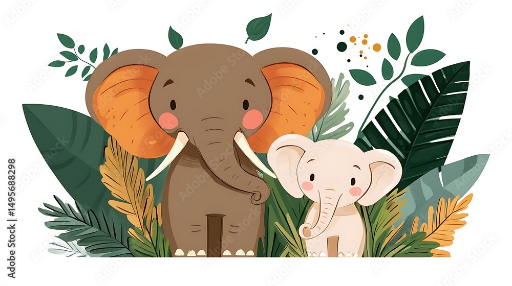 Fototapeta premium 可愛い象親子と熱帯植物