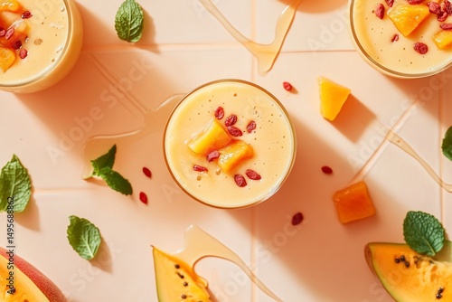 Wallpaper Mural Top view of delicious mango smoothie bowls with goji berries and mint. Torontodigital.ca